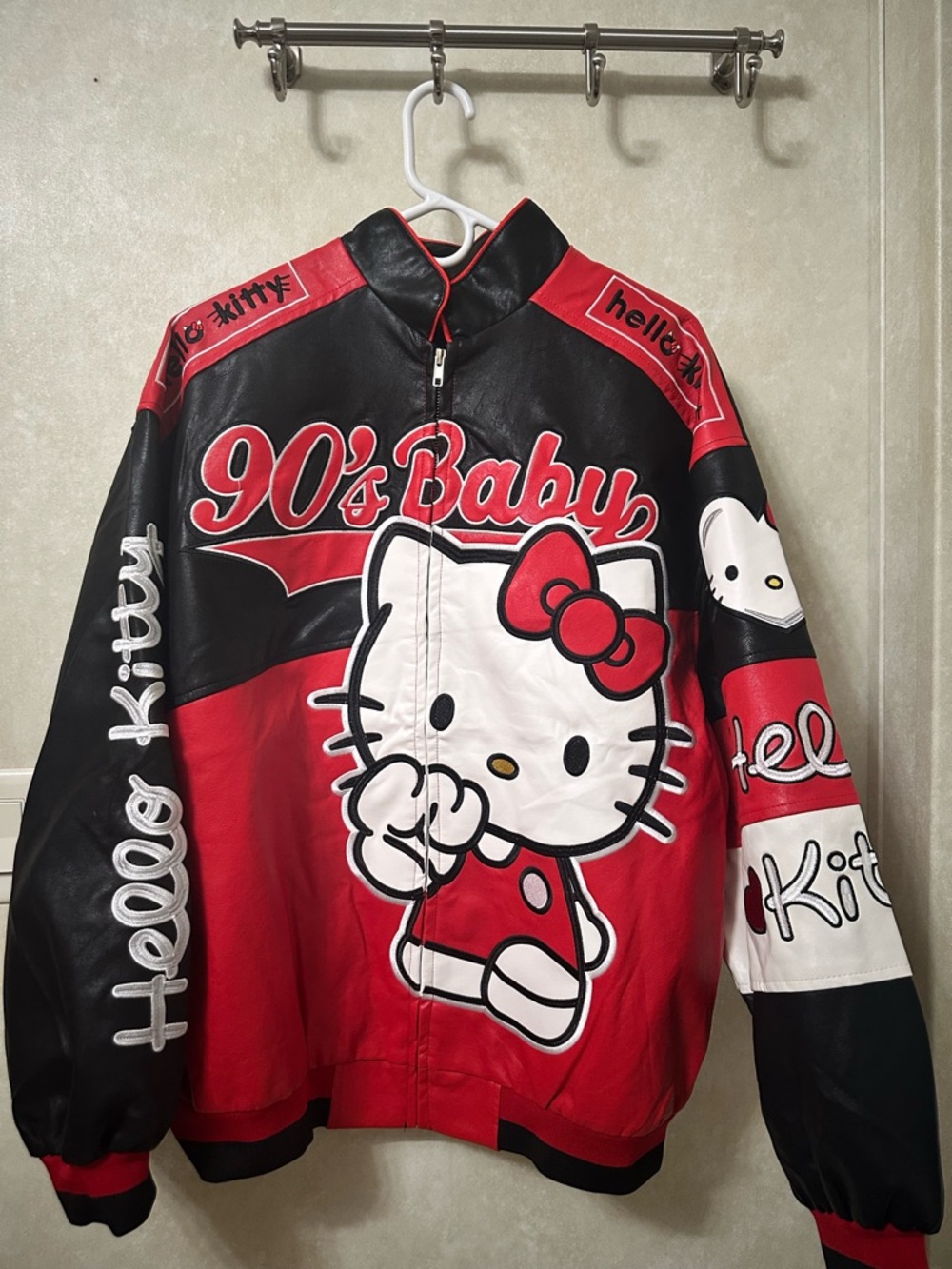 Retro Hello Kitty color-blocked biker jacket